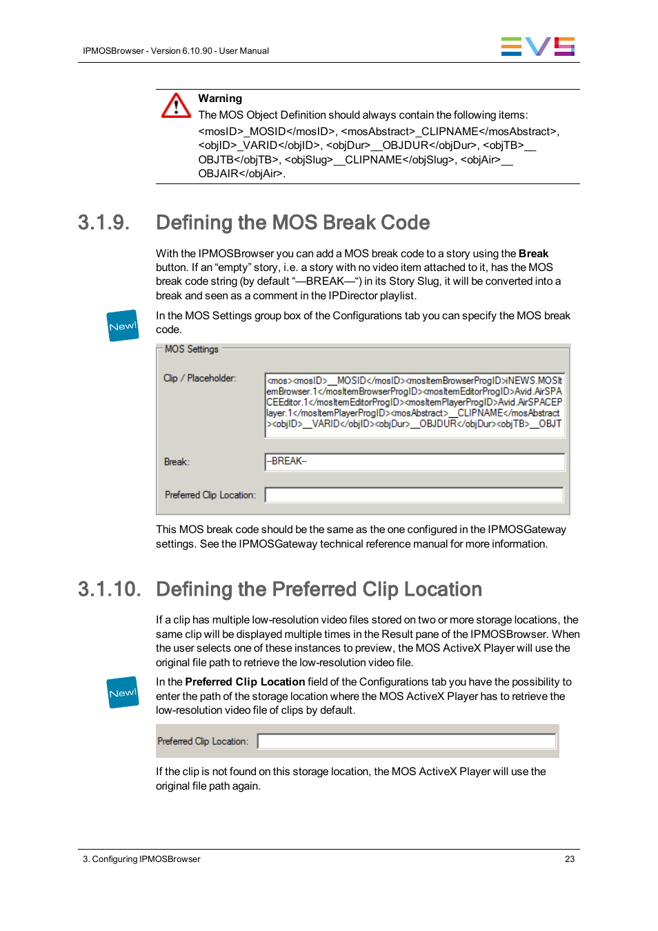 Defining the mos break code, Defining the preferred clip location | EVS IPMOSBrowser Version 6.10.90 - April 2013 User's Manual User Manual | Page 29 / 65
