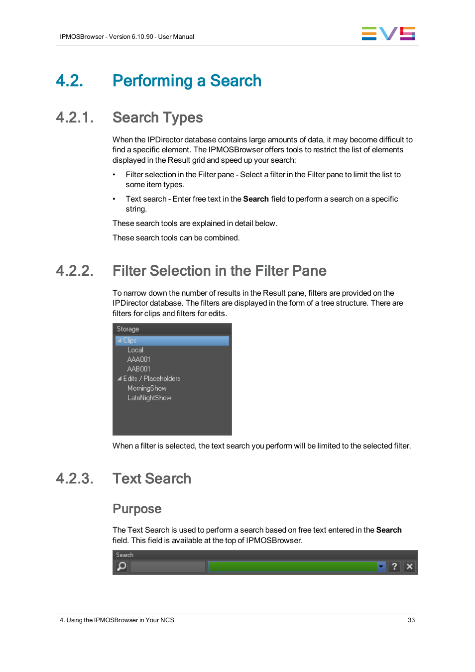 Performing a search, Search types, Filter selection in the filter pane | Text search, Purpose | EVS IPMOSBrowser Version 6.10.90 - April 2013 User's Manual User Manual | Page 39 / 65