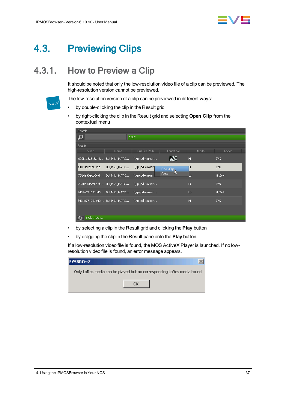Previewing clips, How to preview a clip | EVS IPMOSBrowser Version 6.10.90 - April 2013 User's Manual User Manual | Page 43 / 65