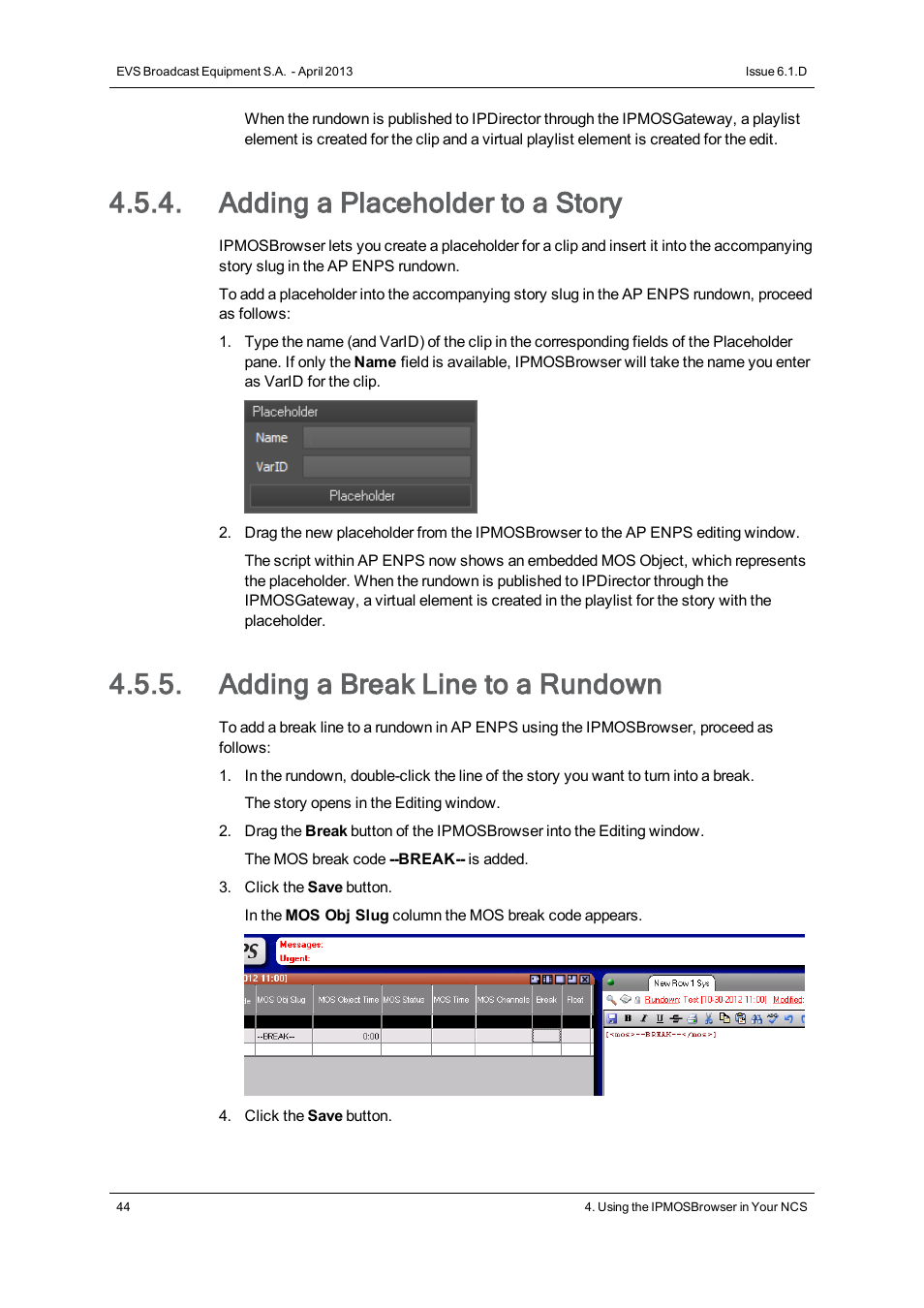 Adding a placeholder to a story, Adding a break line to a rundown | EVS IPMOSBrowser Version 6.10.90 - April 2013 User's Manual User Manual | Page 50 / 65