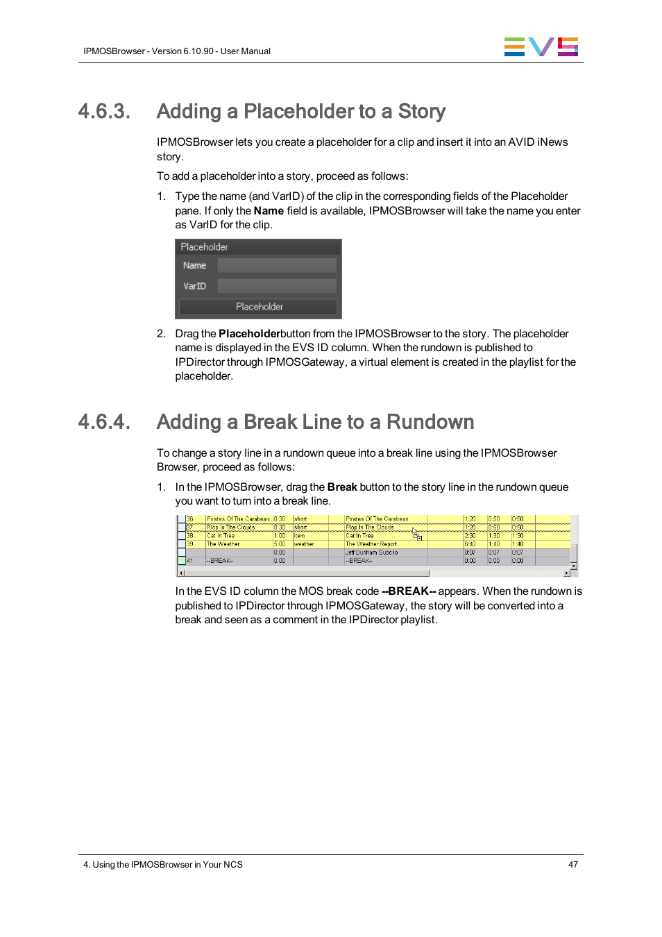 Adding a placeholder to a story, Adding a break line to a rundown | EVS IPMOSBrowser Version 6.10.90 - April 2013 User's Manual User Manual | Page 53 / 65
