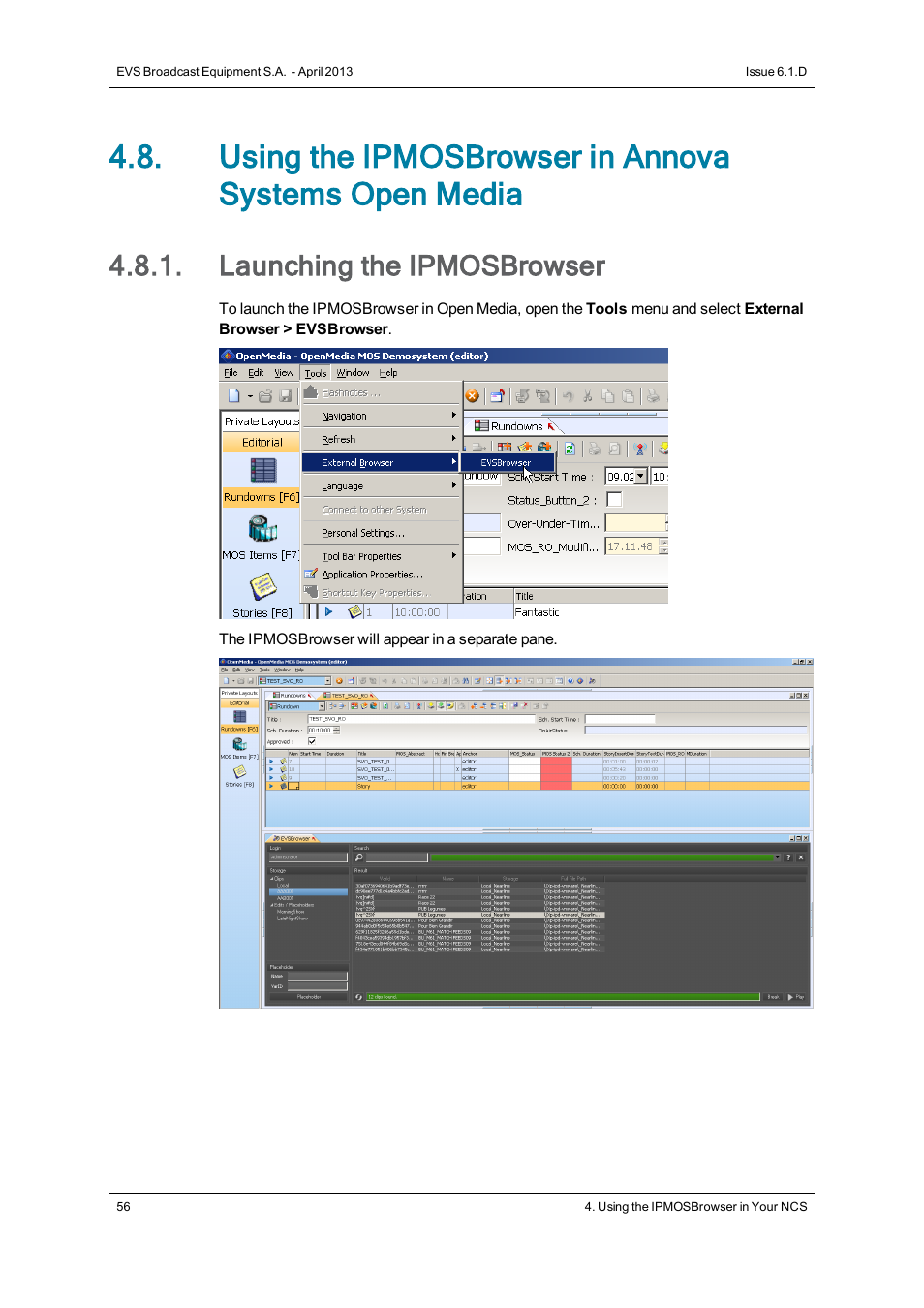 Launching the ipmosbrowser | EVS IPMOSBrowser Version 6.10.90 - April 2013 User's Manual User Manual | Page 62 / 65