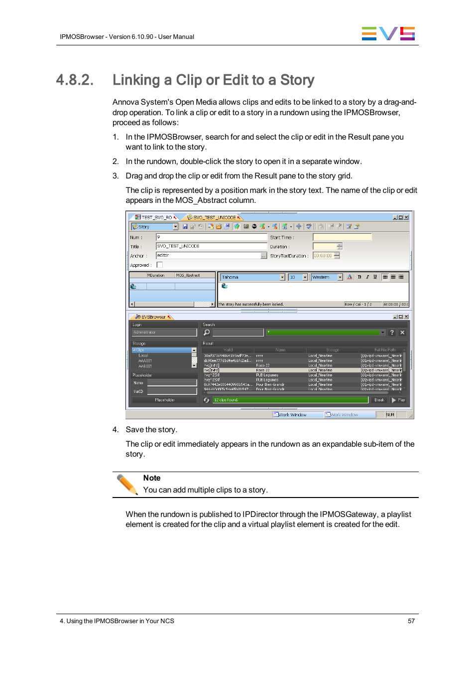 Linking a clip or edit to a story | EVS IPMOSBrowser Version 6.10.90 - April 2013 User's Manual User Manual | Page 63 / 65