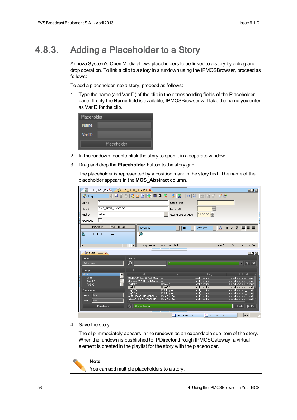 Adding a placeholder to a story | EVS IPMOSBrowser Version 6.10.90 - April 2013 User's Manual User Manual | Page 64 / 65