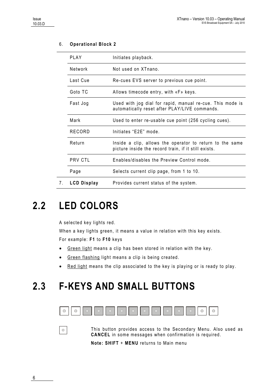 2 led colors, 3 f-keys and small buttons | EVS XTnano Version 10.03 - July 2010 Operation Manual User Manual | Page 13 / 100