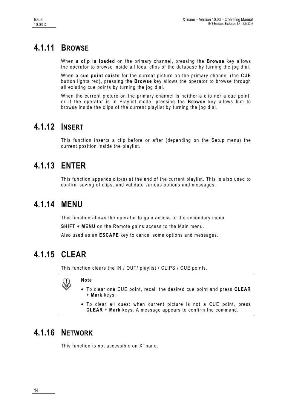 11 browse, 12 insert, 13 enter | 14 menu, 15 clear, 16 network, 11 b, 12 i, 16 n, Rowse | EVS XTnano Version 10.03 - July 2010 Operation Manual User Manual | Page 21 / 100