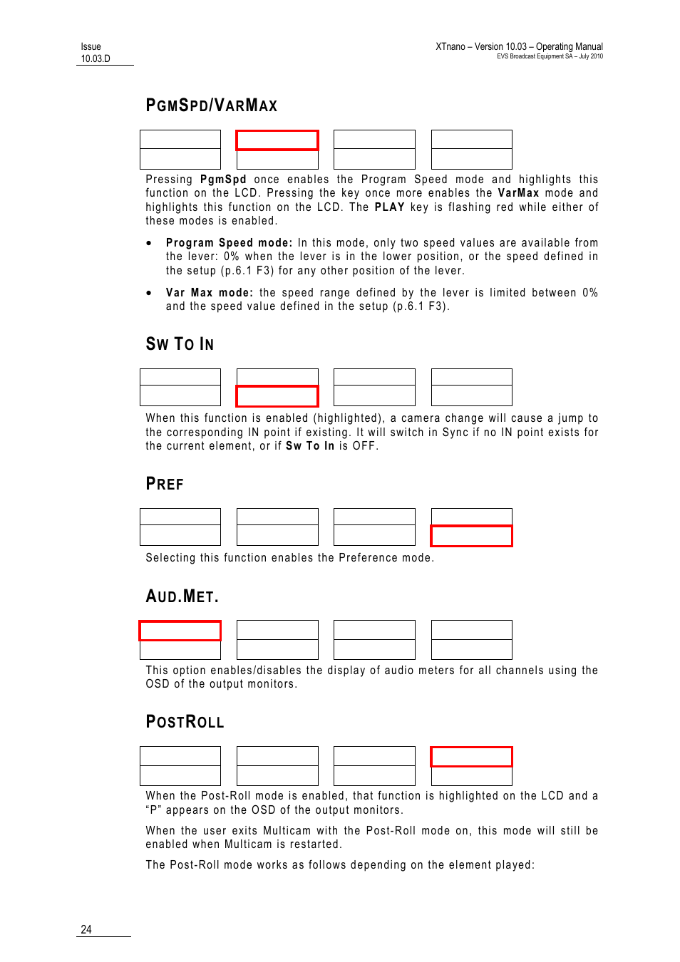 Pgmspd/varmax, Sw to in, Pref | Aud.met, Postroll | EVS XTnano Version 10.03 - July 2010 Operation Manual User Manual | Page 31 / 100