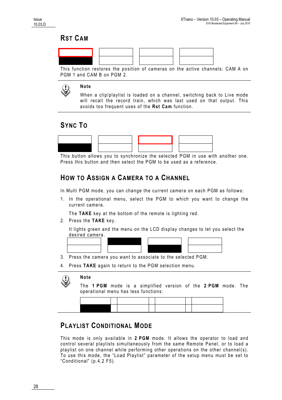 Rst cam, Sync to, How to assign a camera to a channel | Playlist conditional mode | EVS XTnano Version 10.03 - July 2010 Operation Manual User Manual | Page 35 / 100