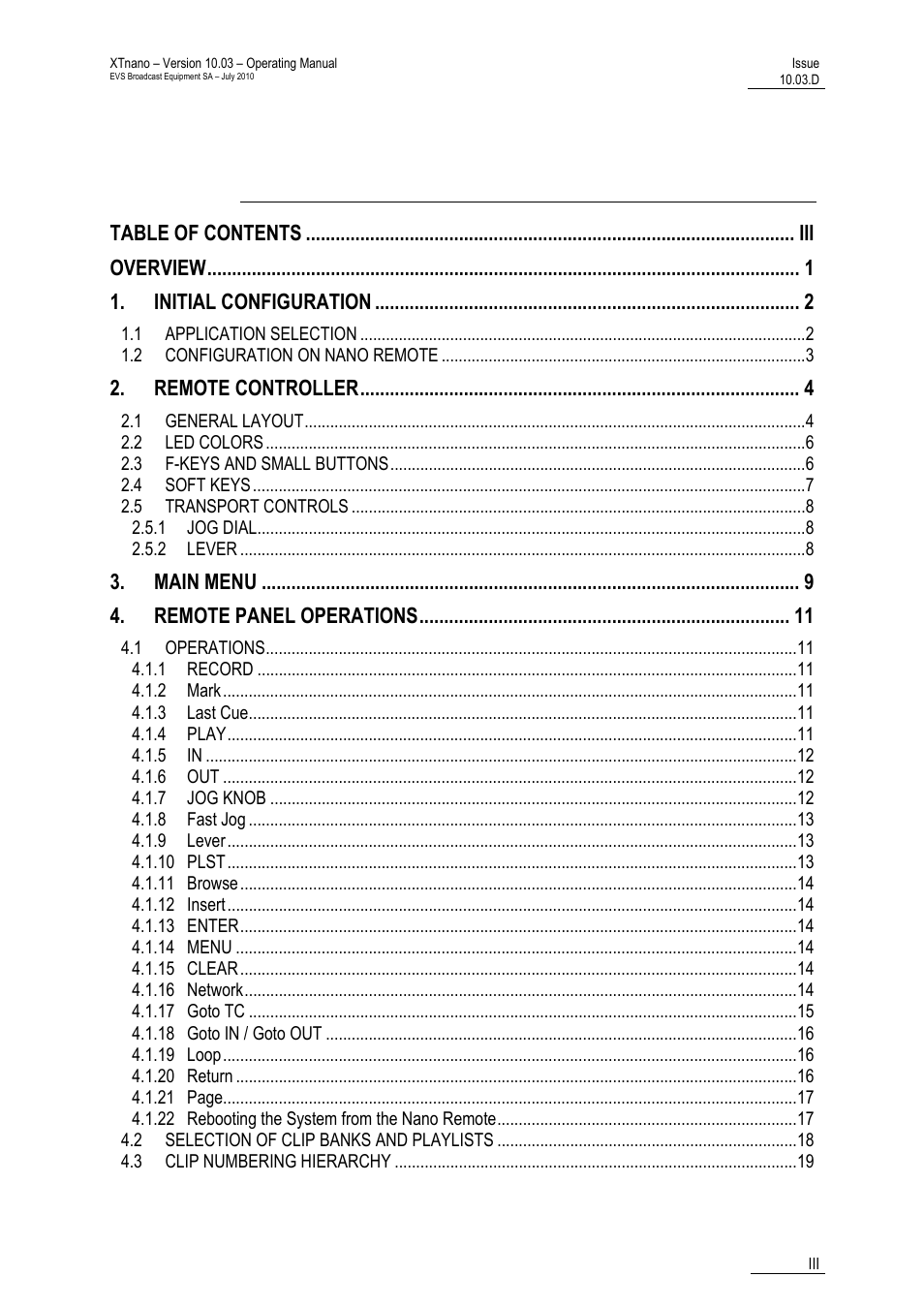 EVS XTnano Version 10.03 - July 2010 Operation Manual User Manual | Page 4 / 100