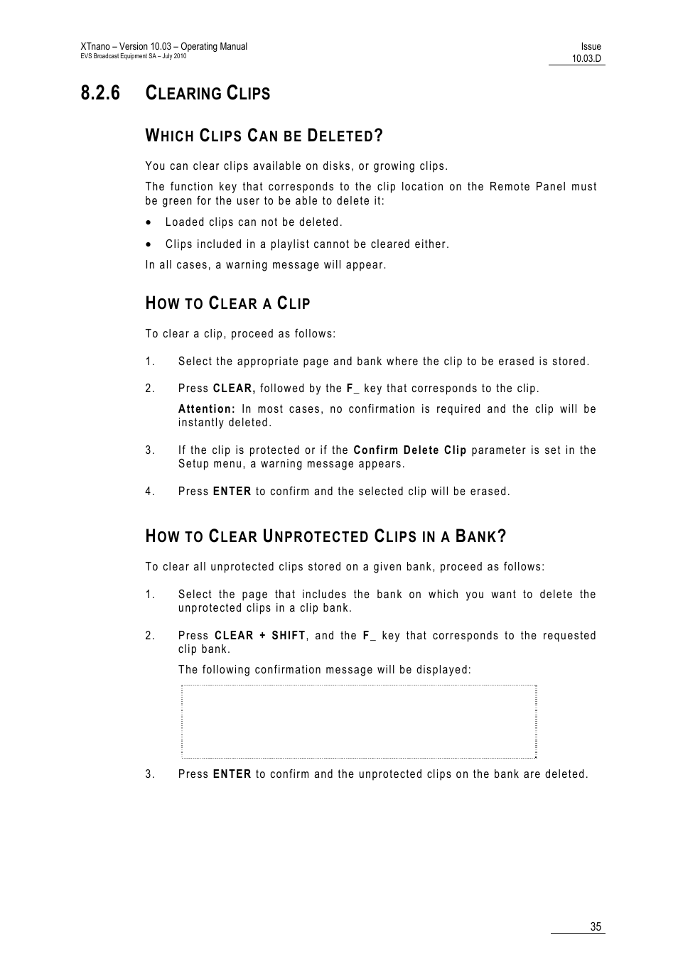 6 clearing clips, Which clips can be deleted, How to clear a clip | How to clear unprotected clips in a bank, Learing, Lips | EVS XTnano Version 10.03 - July 2010 Operation Manual User Manual | Page 42 / 100