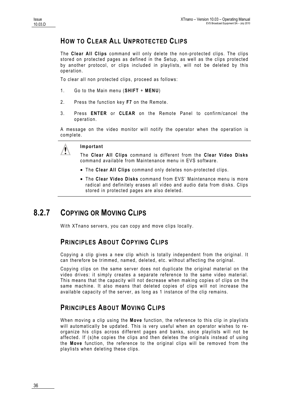 How to clear all unprotected clips, 7 copying or moving clips, Principles about copying clips | Principles about moving clips, Opying or, Oving, Lips | EVS XTnano Version 10.03 - July 2010 Operation Manual User Manual | Page 43 / 100