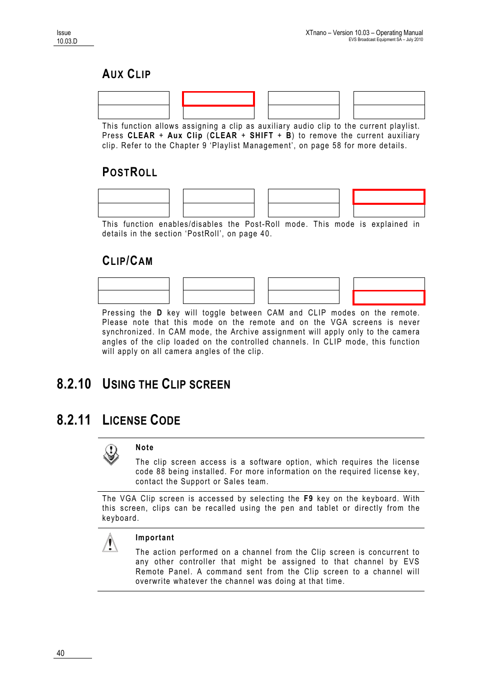 Aux clip, Postroll, Clip/cam | 10 using the clip screen, 11 license code, 10 u, 11 l, Sing the, Lip screen, Icense | EVS XTnano Version 10.03 - July 2010 Operation Manual User Manual | Page 47 / 100