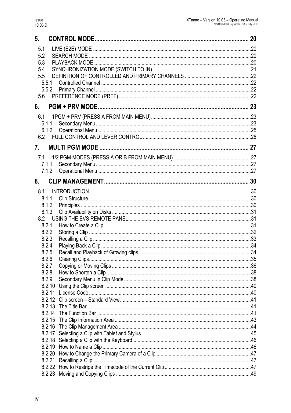 Control mode, Pgm + prv mode, Multi pgm mode | Clip management | EVS XTnano Version 10.03 - July 2010 Operation Manual User Manual | Page 5 / 100