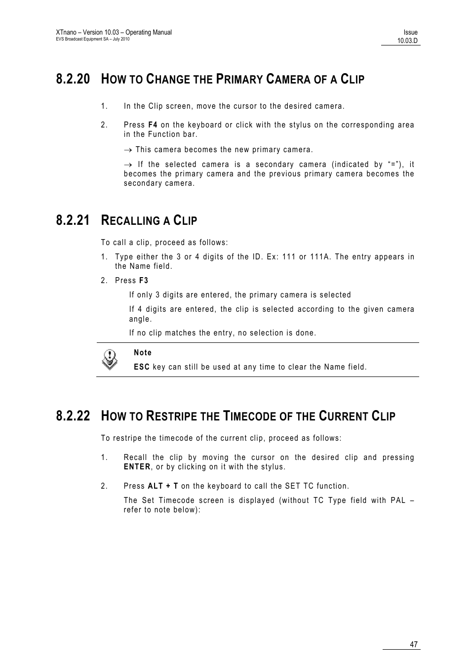 20 how to change the primary camera of a clip, 21 recalling a clip, Xtnano – version 10.03 – operating manual | Evs br, 20 h, 21 r, 22 h | EVS XTnano Version 10.03 - July 2010 Operation Manual User Manual | Page 54 / 100