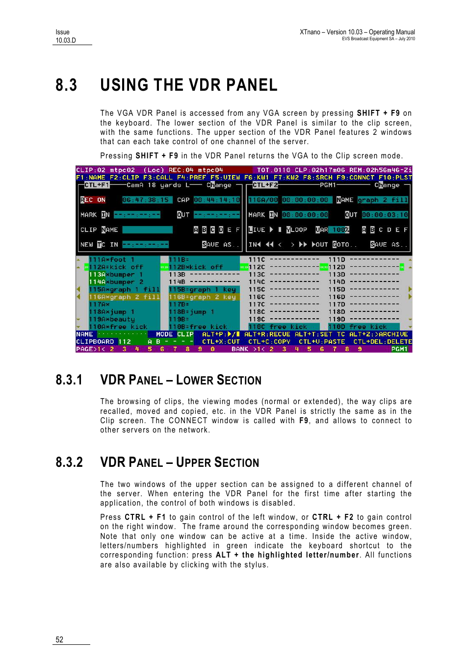 3 using the vdr panel, 1 vdr panel – lower section, 2 vdr panel – upper section | 1 vdr, 2 vdr | EVS XTnano Version 10.03 - July 2010 Operation Manual User Manual | Page 59 / 100