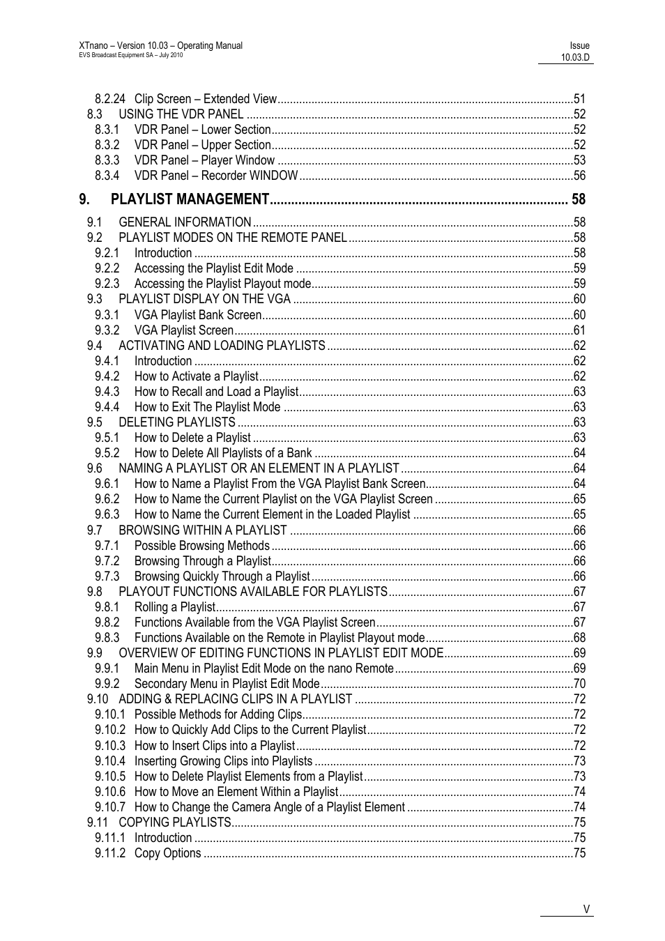 Playlist management | EVS XTnano Version 10.03 - July 2010 Operation Manual User Manual | Page 6 / 100