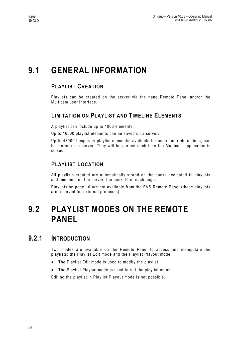Playlist management, 1 general information, Playlist creation | Limitation on playlist and timeline elements, Playlist location, 2 playlist modes on the remote panel, 1 introduction, 9 ‘playlist management, 58 fo | EVS XTnano Version 10.03 - July 2010 Operation Manual User Manual | Page 65 / 100