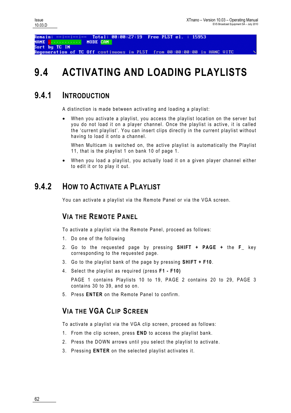 4 activating and loading playlists, 1 introduction, 2 how to activate a playlist | Via the remote panel, Via the vga clip screen | EVS XTnano Version 10.03 - July 2010 Operation Manual User Manual | Page 69 / 100