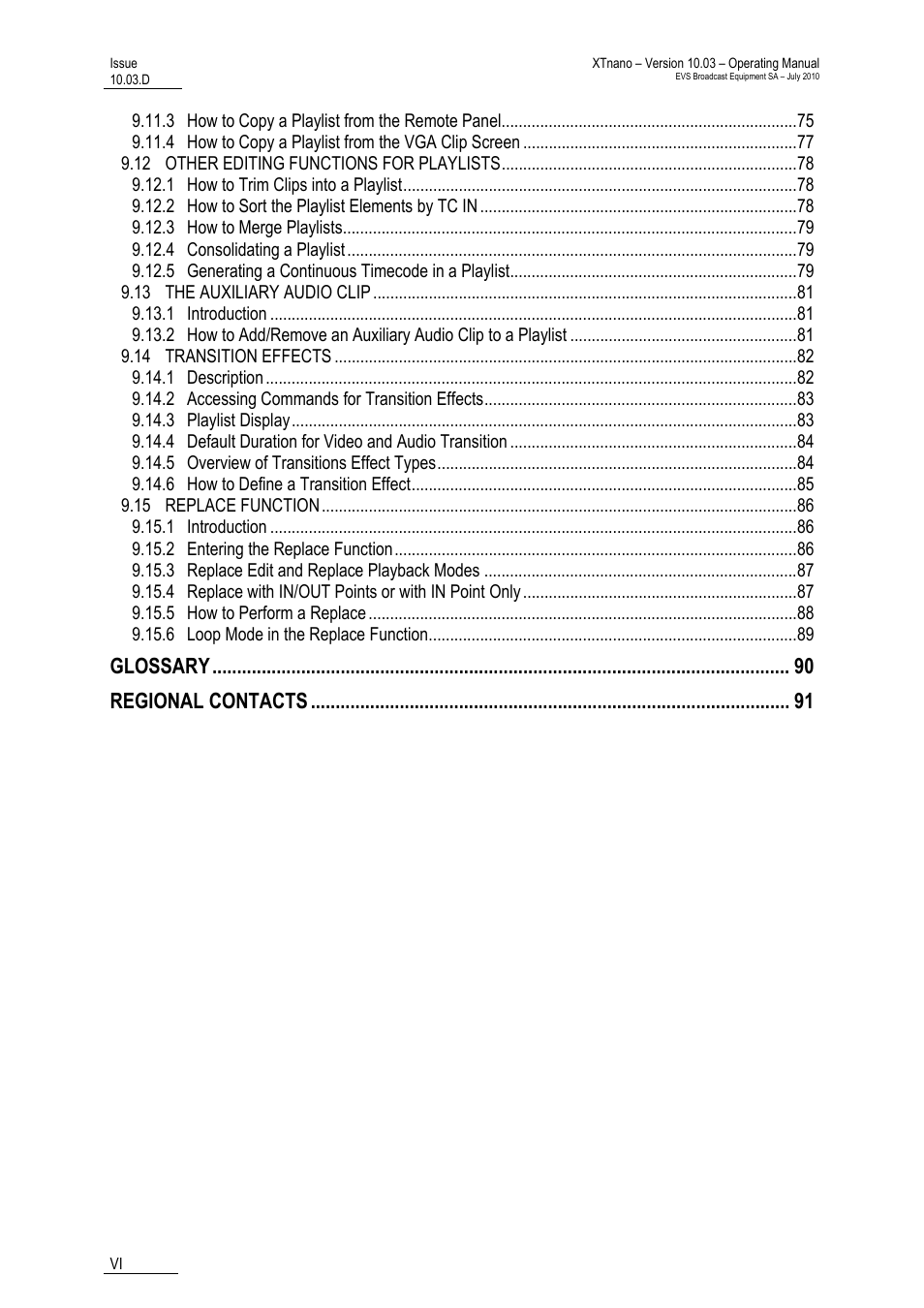 Glossary, Regional contacts | EVS XTnano Version 10.03 - July 2010 Operation Manual User Manual | Page 7 / 100