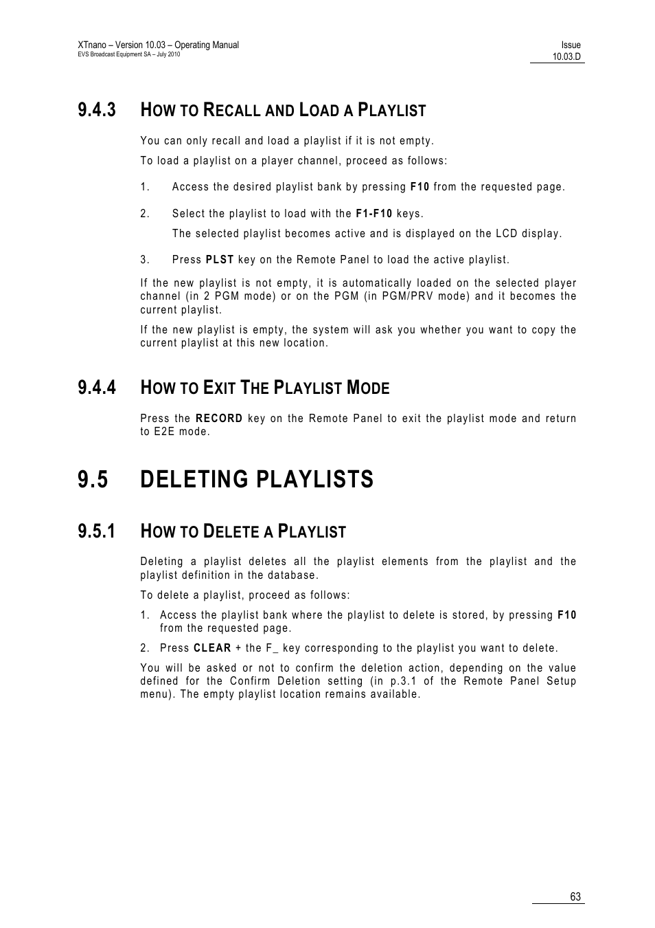 3 how to recall and load a playlist, 4 how to exit the playlist mode, 5 deleting playlists | 1 how to delete a playlist, Mode | EVS XTnano Version 10.03 - July 2010 Operation Manual User Manual | Page 70 / 100
