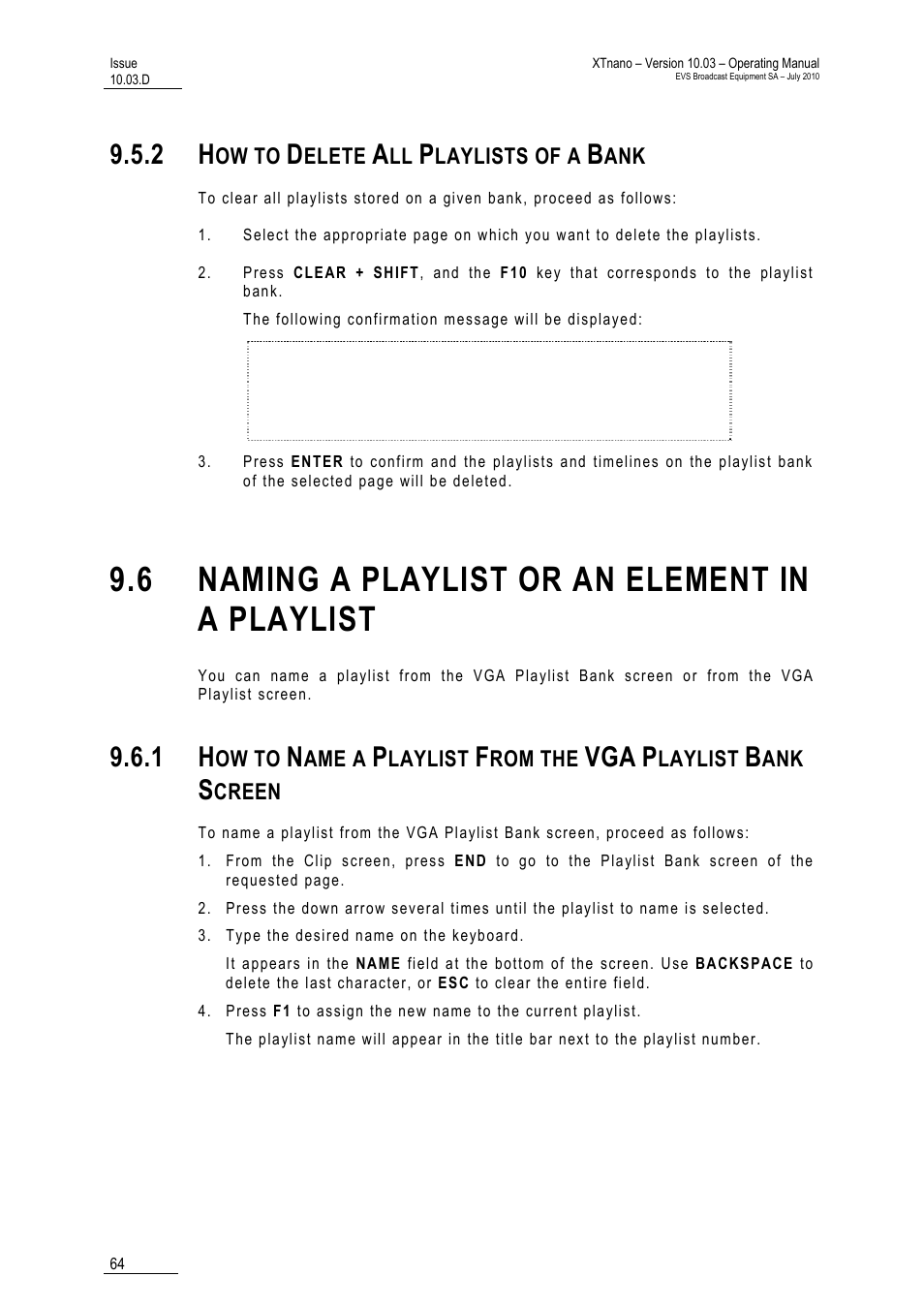 2 how to delete all playlists of a bank, 6 naming a playlist or an element in a playlist, Bank screen | EVS XTnano Version 10.03 - July 2010 Operation Manual User Manual | Page 71 / 100