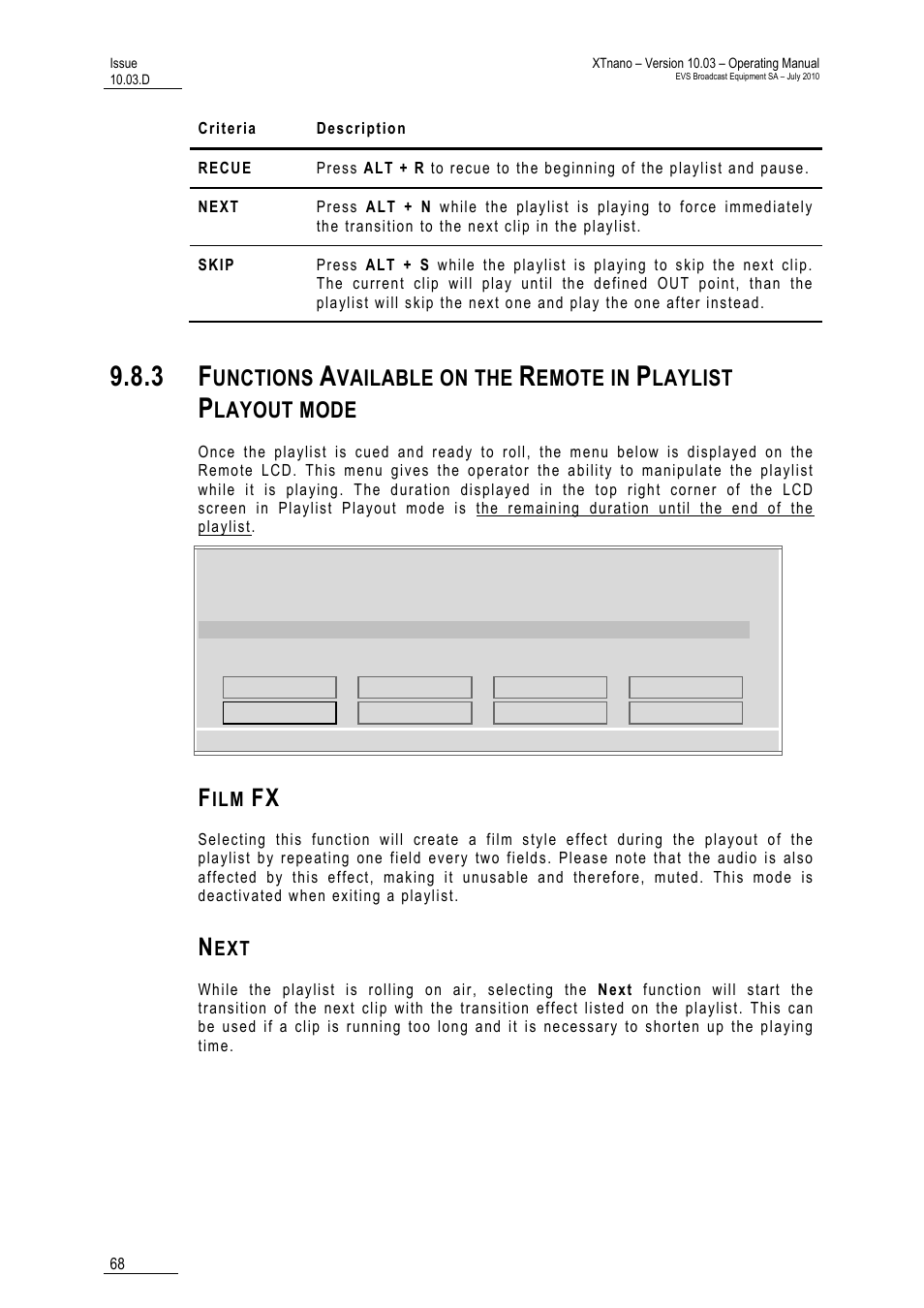 Film fx, Next, Unctions | Vailable on the, Emote in, Laylist, Layout mode | EVS XTnano Version 10.03 - July 2010 Operation Manual User Manual | Page 75 / 100