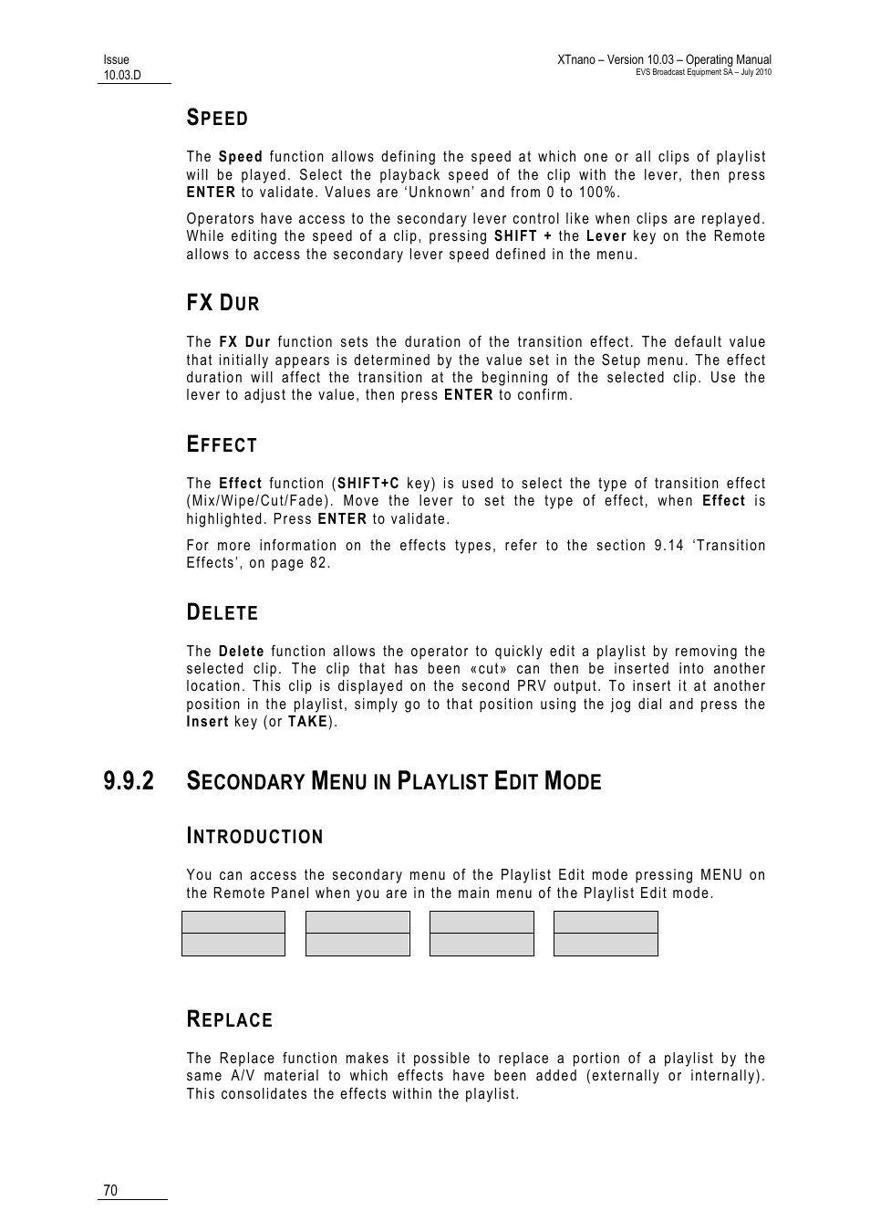 Speed, Fx dur, Effect | Delete, 2 secondary menu in playlist edit mode, Introduction, Replace | EVS XTnano Version 10.03 - July 2010 Operation Manual User Manual | Page 77 / 100