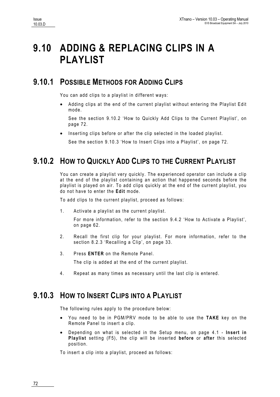 10 adding & replacing clips in a playlist, 1 possible methods for adding clips, 2 how to quickly add clips to the current playlist | 3 how to insert clips into a playlist, Playlist, Aylist | EVS XTnano Version 10.03 - July 2010 Operation Manual User Manual | Page 79 / 100