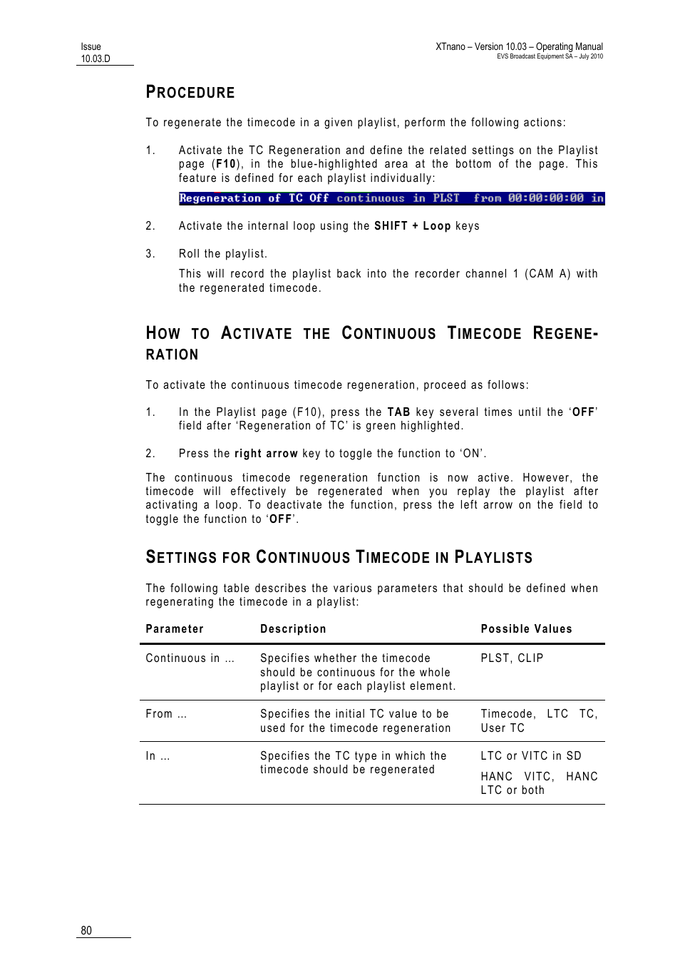 Procedure, Settings for continuous timecode in playlists | EVS XTnano Version 10.03 - July 2010 Operation Manual User Manual | Page 87 / 100
