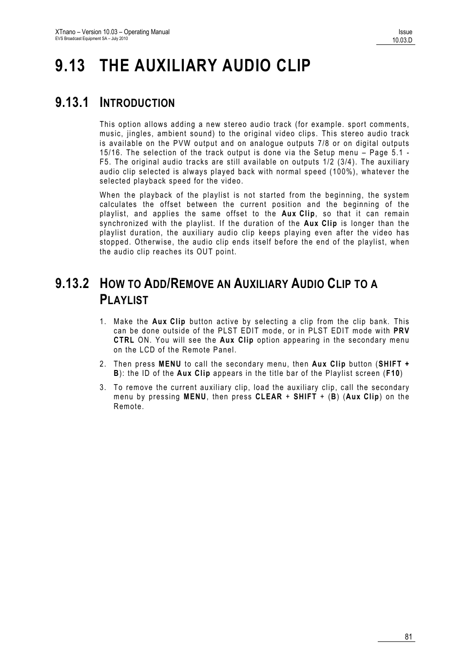 13 the auxiliary audio clip, 1 introduction | EVS XTnano Version 10.03 - July 2010 Operation Manual User Manual | Page 88 / 100