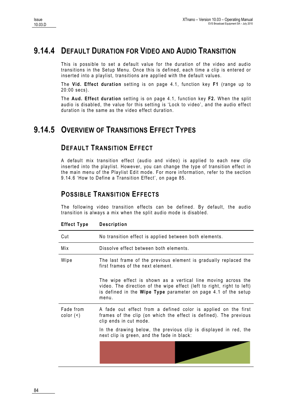 4 default duration for video and audio transition, 5 overview of transitions effect types, Default transition effect | Possible transition effects, Sition | EVS XTnano Version 10.03 - July 2010 Operation Manual User Manual | Page 91 / 100