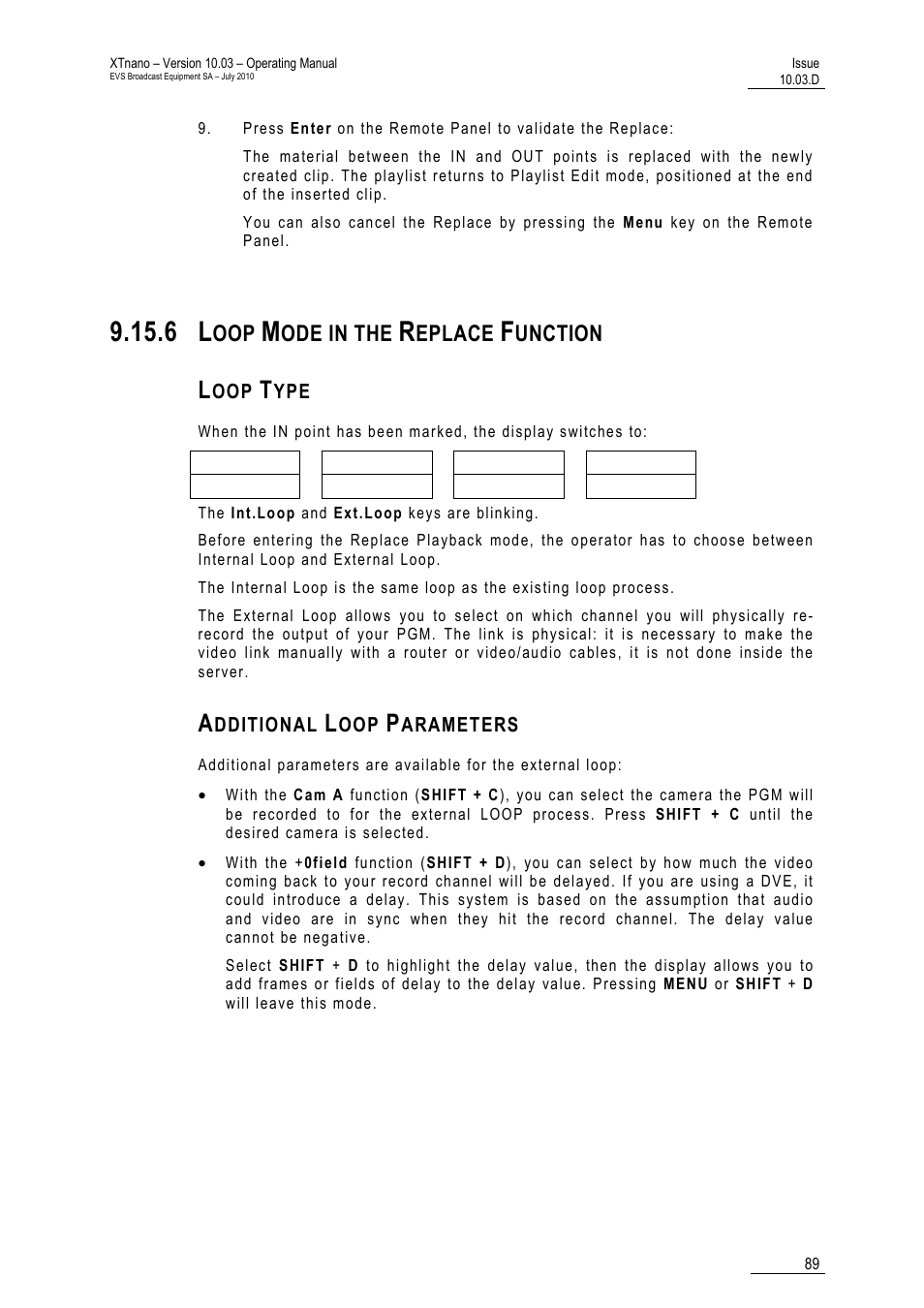 6 loop mode in the replace function, Loop type, Additional loop parameters | Loop mode in the replace function, Ode in the, Eplace, Unction | EVS XTnano Version 10.03 - July 2010 Operation Manual User Manual | Page 96 / 100
