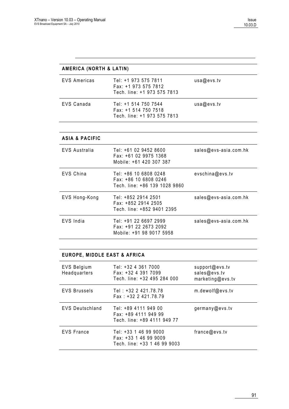 Regional contacts | EVS XTnano Version 10.03 - July 2010 Operation Manual User Manual | Page 98 / 100