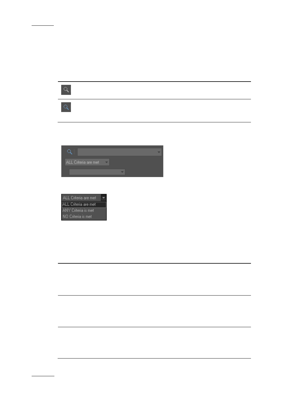 Filter activation, Show/hide filter button, Filter extended area | Criteria combination | EVS XEDIO Manager Version 4.2 - June 2012 User Manual User Manual | Page 60 / 146