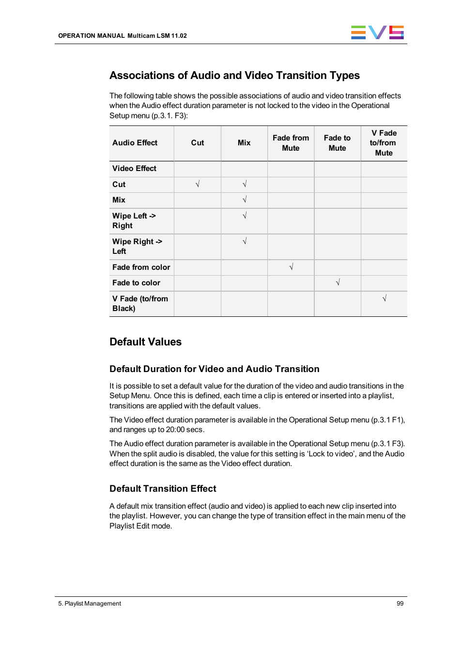 Associations of audio and video transition types, Default values | EVS XT3 MulticamLSM Version 11.02 - July 2013 Operation Manual User Manual | Page 109 / 221