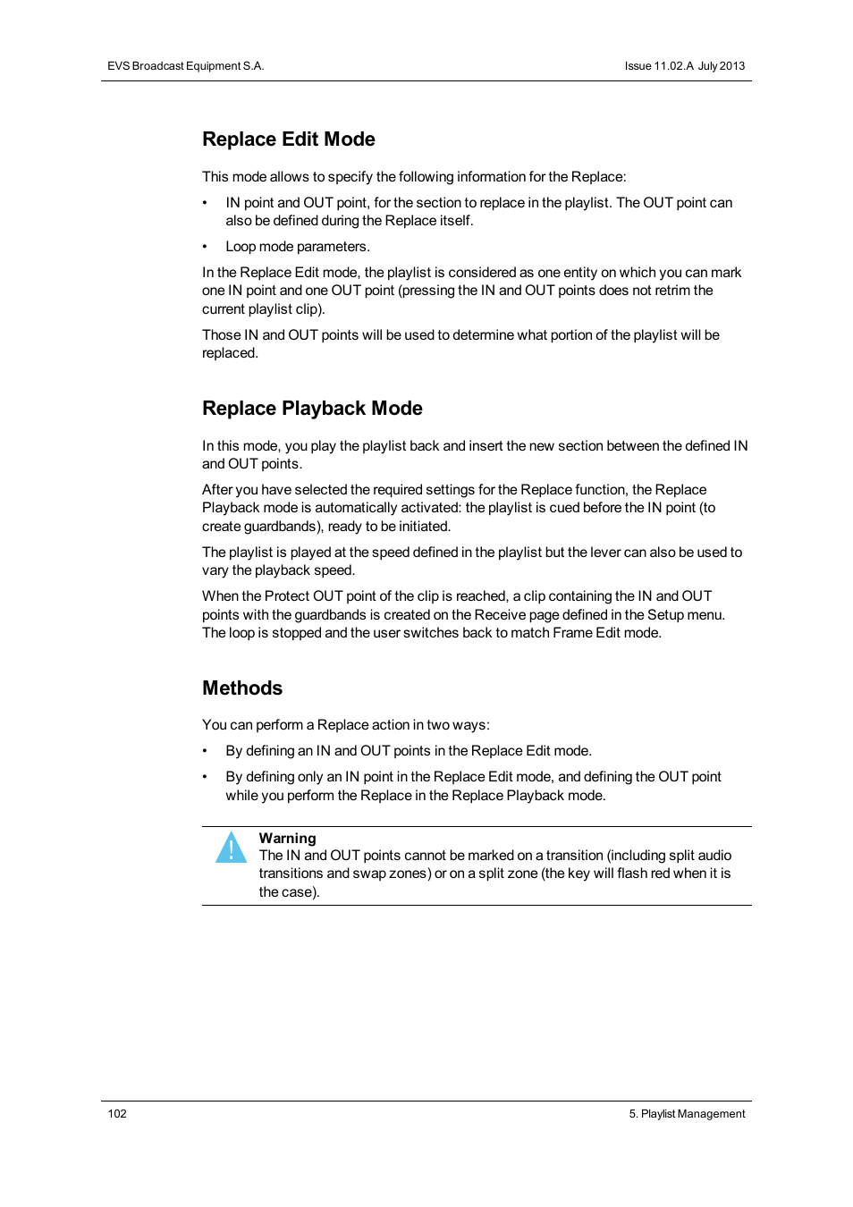 Replace edit mode, Replace playback mode, Methods | EVS XT3 MulticamLSM Version 11.02 - July 2013 Operation Manual User Manual | Page 112 / 221