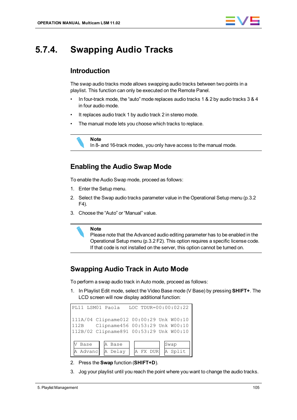 Swapping audio tracks, Introduction, Enabling the audio swap mode | Swapping audio track in auto mode | EVS XT3 MulticamLSM Version 11.02 - July 2013 Operation Manual User Manual | Page 115 / 221