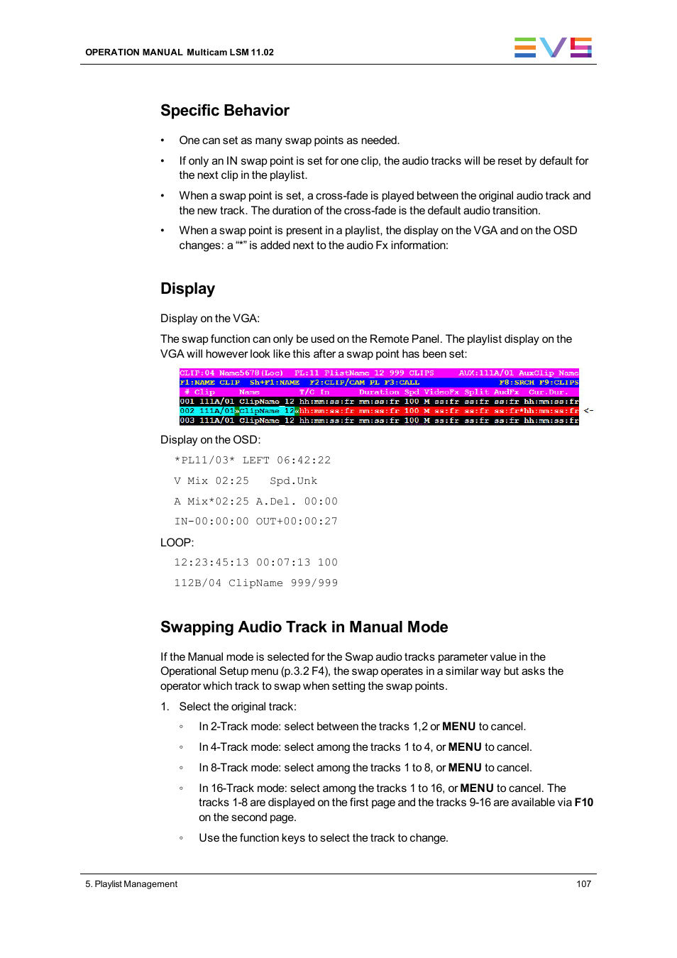 Specific behavior, Display, Swapping audio track in manual mode | EVS XT3 MulticamLSM Version 11.02 - July 2013 Operation Manual User Manual | Page 117 / 221