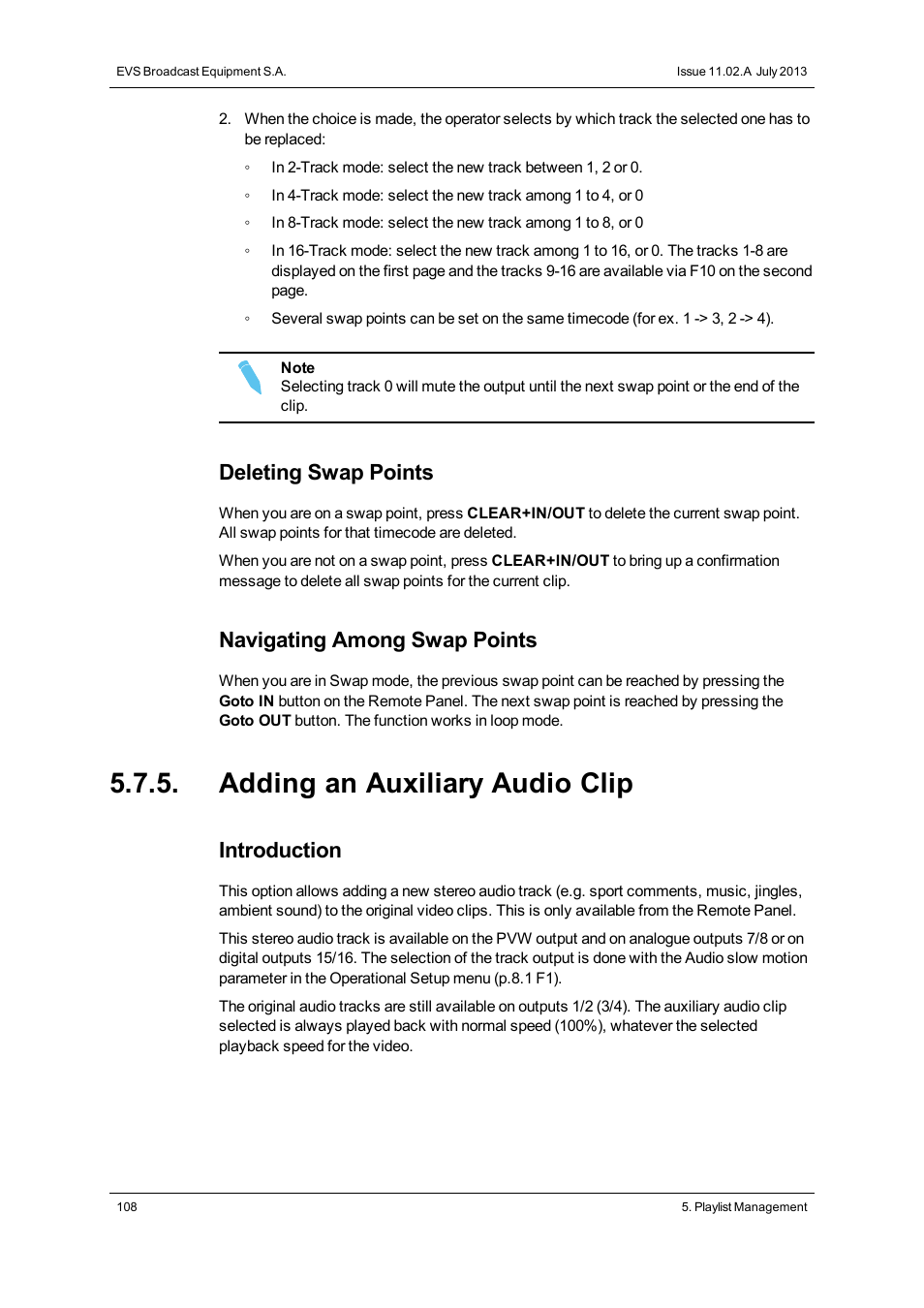 Adding an auxiliary audio clip, Deleting swap points, Navigating among swap points | Introduction | EVS XT3 MulticamLSM Version 11.02 - July 2013 Operation Manual User Manual | Page 118 / 221