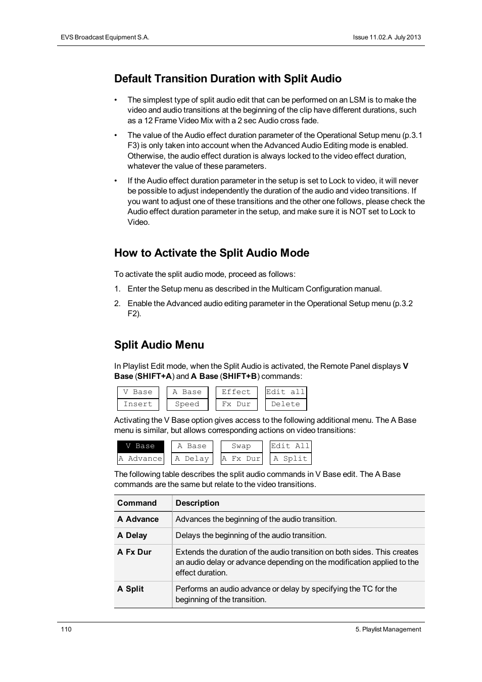 Default transition duration with split audio, How to activate the split audio mode, Split audio menu | EVS XT3 MulticamLSM Version 11.02 - July 2013 Operation Manual User Manual | Page 120 / 221