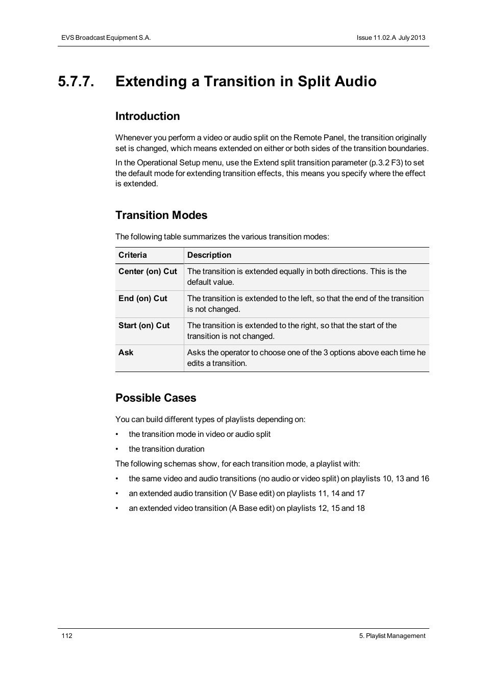 Extending a transition in split audio, Introduction, Transition modes | Possible cases | EVS XT3 MulticamLSM Version 11.02 - July 2013 Operation Manual User Manual | Page 122 / 221