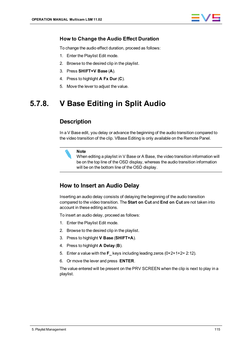 V base editing in split audio, Description, How to insert an audio delay | EVS XT3 MulticamLSM Version 11.02 - July 2013 Operation Manual User Manual | Page 125 / 221