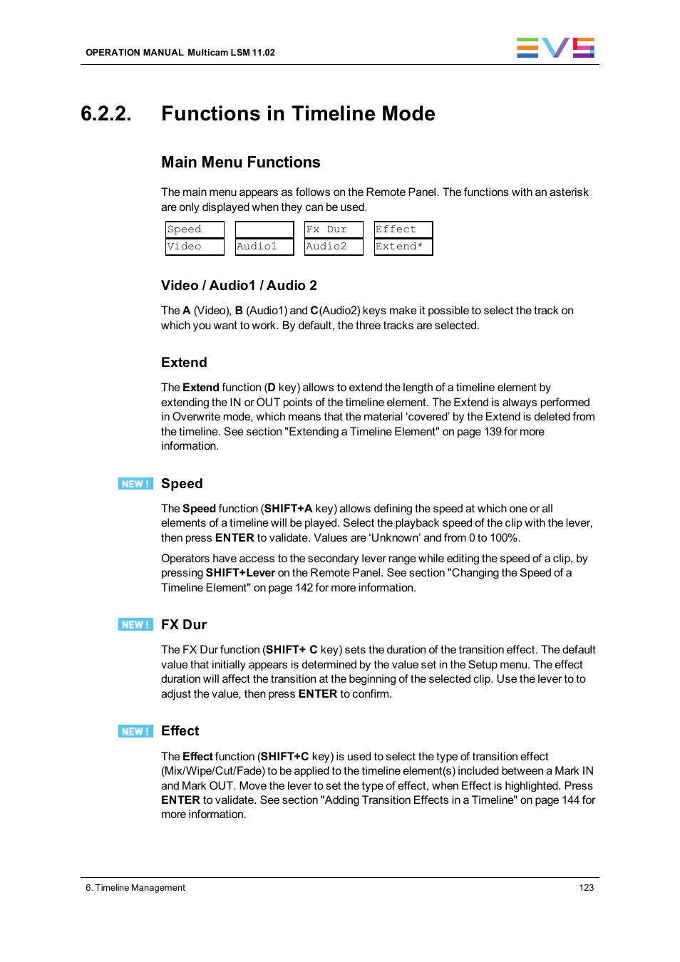 Functions in timeline mode, Main menu functions | EVS XT3 MulticamLSM Version 11.02 - July 2013 Operation Manual User Manual | Page 133 / 221
