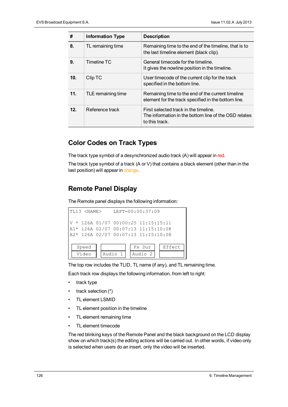 Color codes on track types, Remote panel display | EVS XT3 MulticamLSM Version 11.02 - July 2013 Operation Manual User Manual | Page 136 / 221