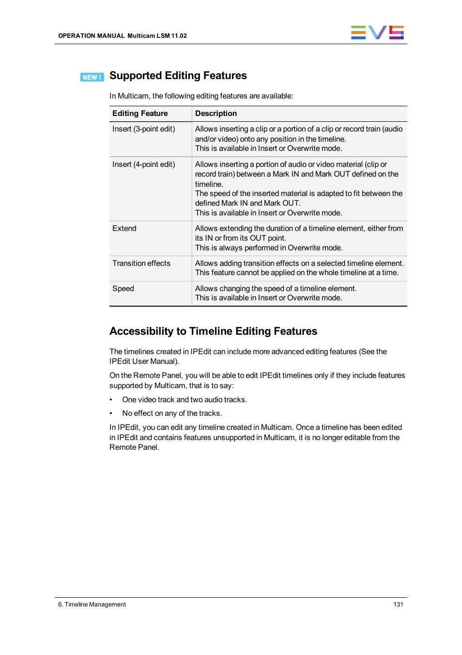 Supported editing features, Accessibility to timeline editing features | EVS XT3 MulticamLSM Version 11.02 - July 2013 Operation Manual User Manual | Page 141 / 221
