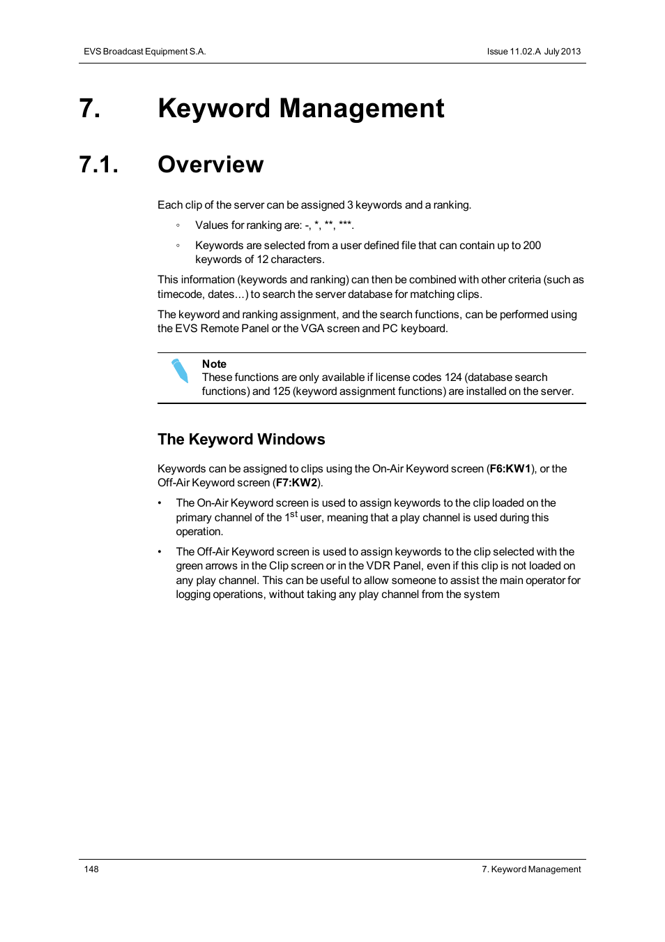 Keyword management, Overview | EVS XT3 MulticamLSM Version 11.02 - July 2013 Operation Manual User Manual | Page 158 / 221