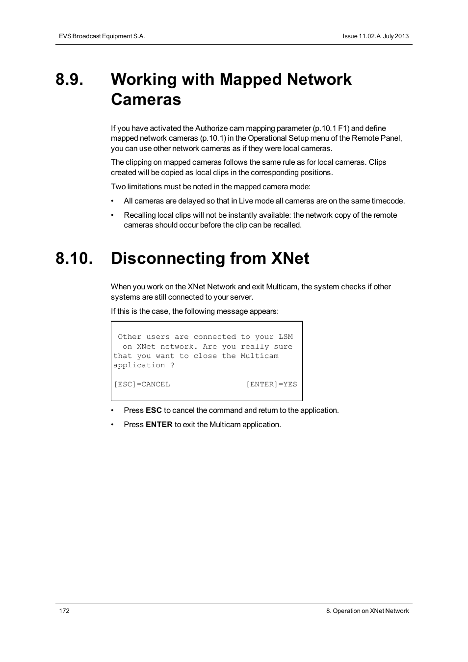 Working with mapped network cameras, Disconnecting from xnet | EVS XT3 MulticamLSM Version 11.02 - July 2013 Operation Manual User Manual | Page 182 / 221