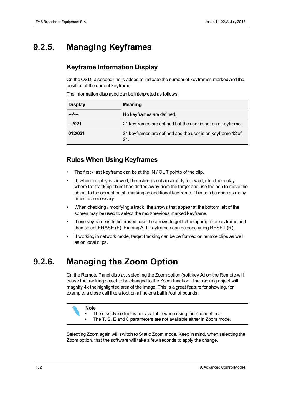 Managing keyframes, Managing the zoom option, Keyframe information display | Rules when using keyframes | EVS XT3 MulticamLSM Version 11.02 - July 2013 Operation Manual User Manual | Page 192 / 221