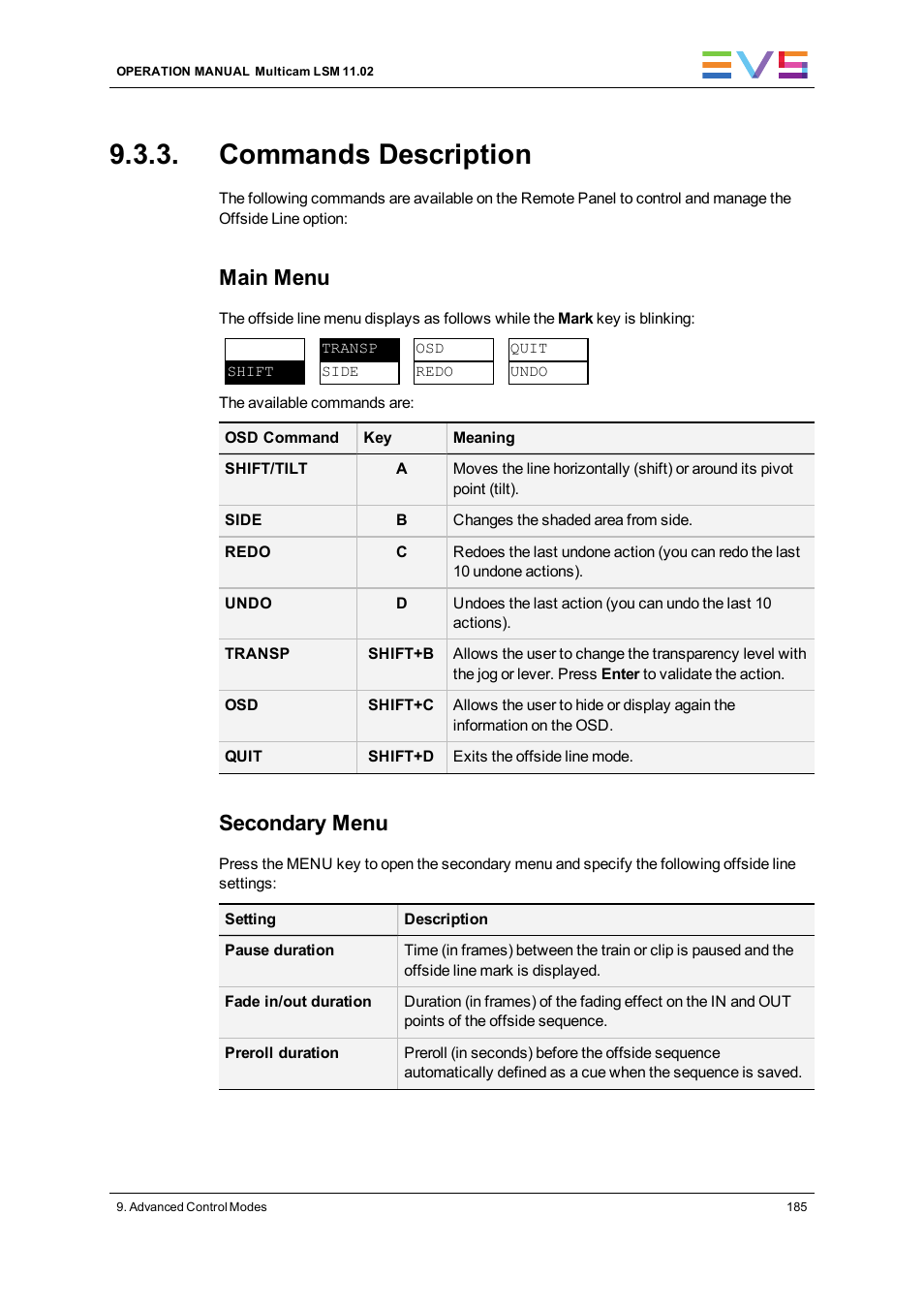 Commands description, Main menu, Secondary menu | EVS XT3 MulticamLSM Version 11.02 - July 2013 Operation Manual User Manual | Page 195 / 221