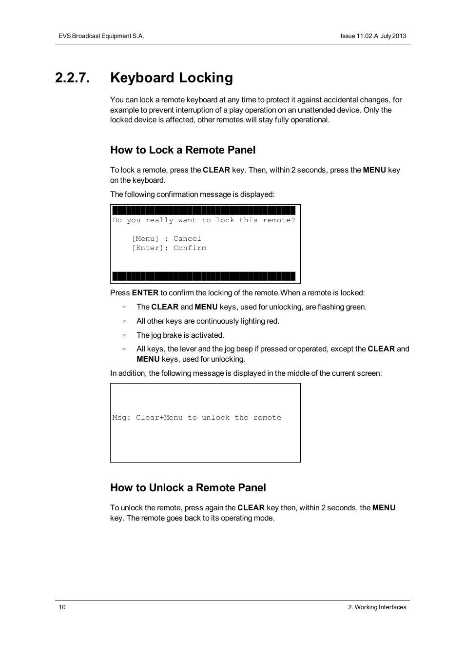 Keyboard locking, How to lock a remote panel, How to unlock a remote panel | EVS XT3 MulticamLSM Version 11.02 - July 2013 Operation Manual User Manual | Page 20 / 221